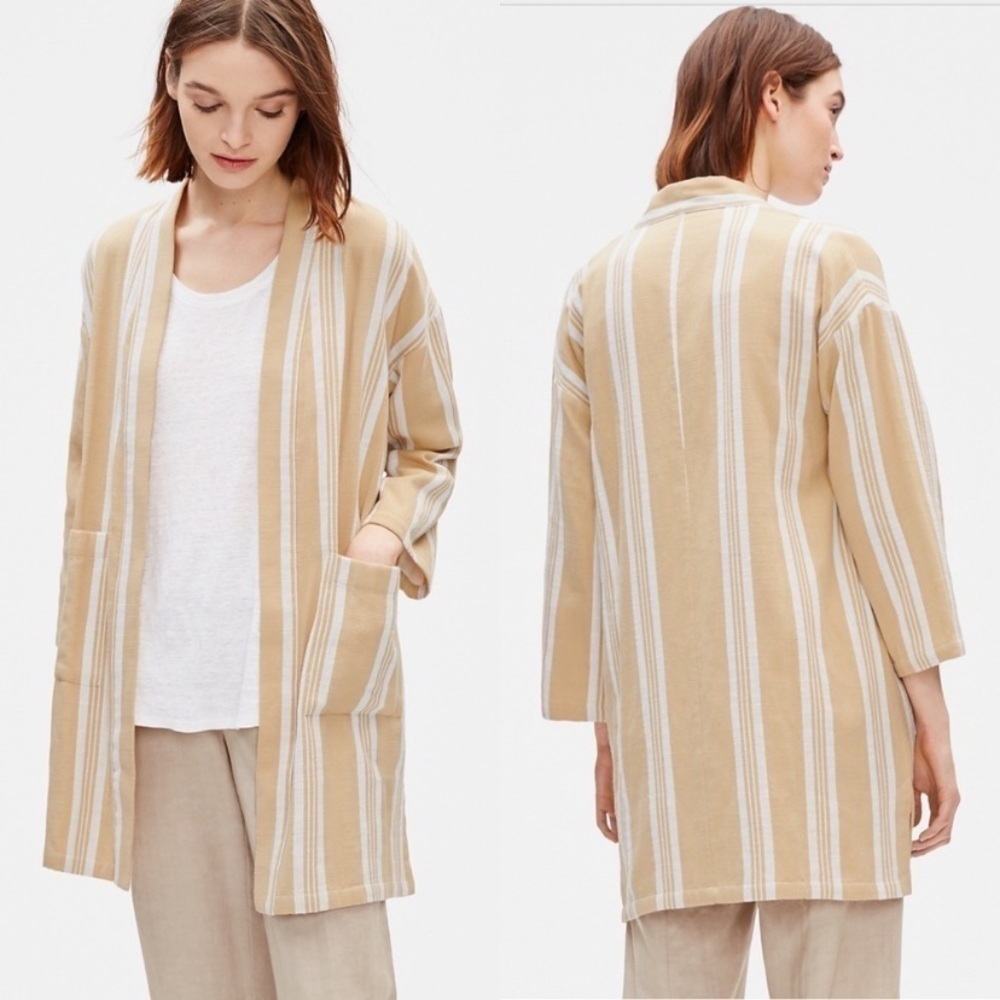 Eileen Fisher Women’s Organic Cotton Striped  Cardigan Jacket Kimono Beige S/M